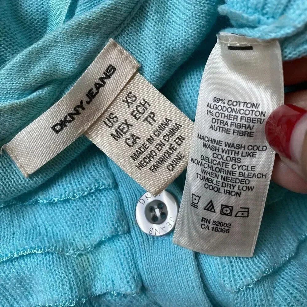 Y2K DKNY Jeans Women’s XS Knit Ruffle Sweater Cardigan Blue Stretch Lightweight - Picture 4 of 8